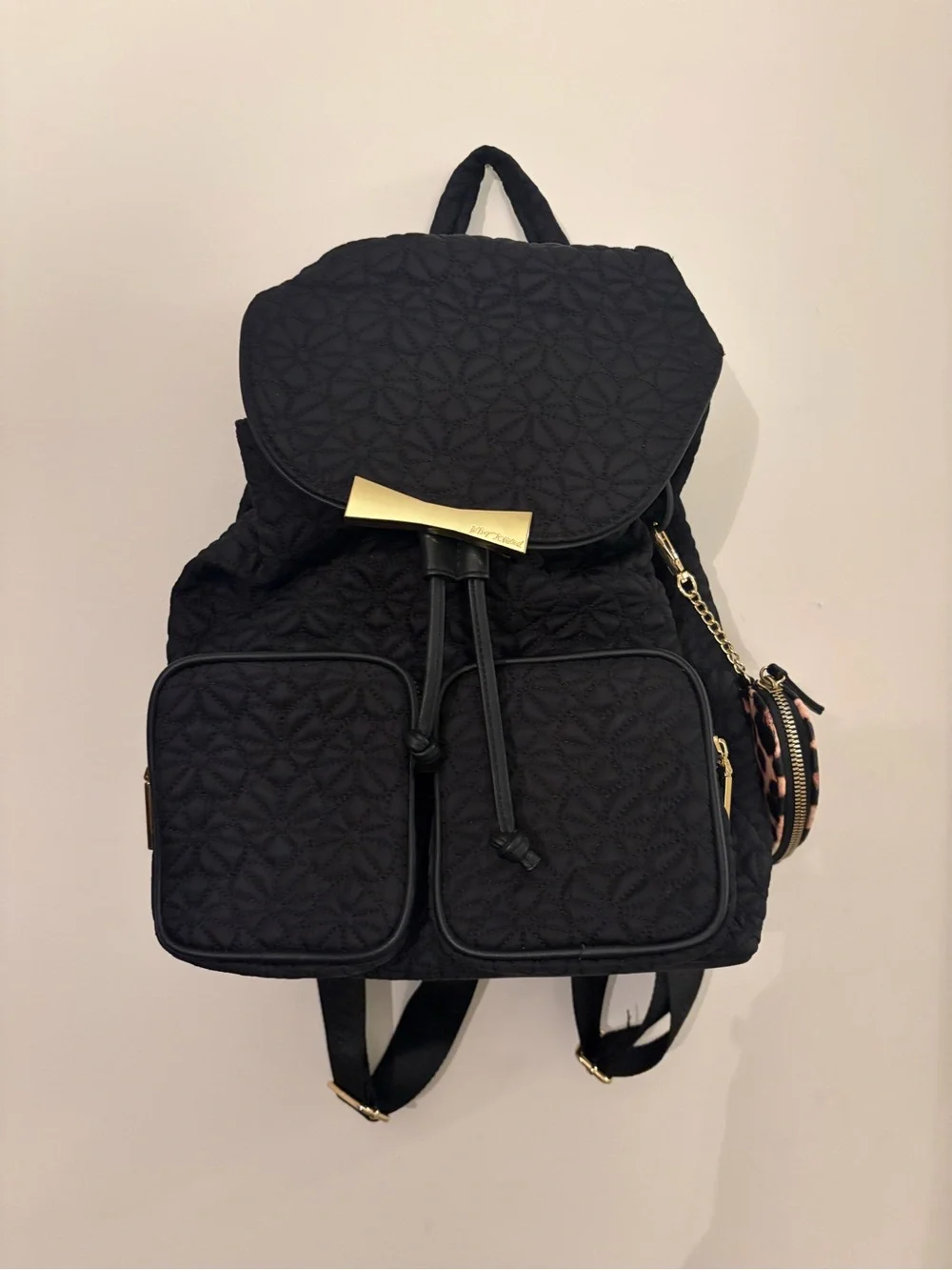 Betsey Johnson Black Quilted Backpack with Gold & Leopard Accent